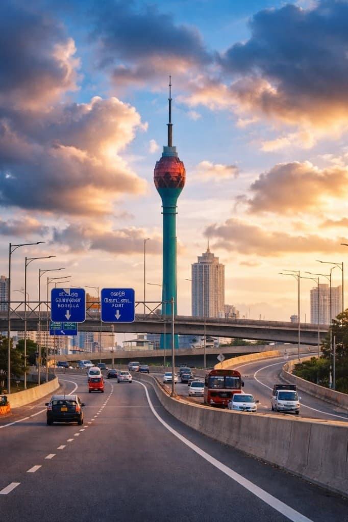 Lotus Tower and the highway toward Borella and Fort at sunset in Colombo
